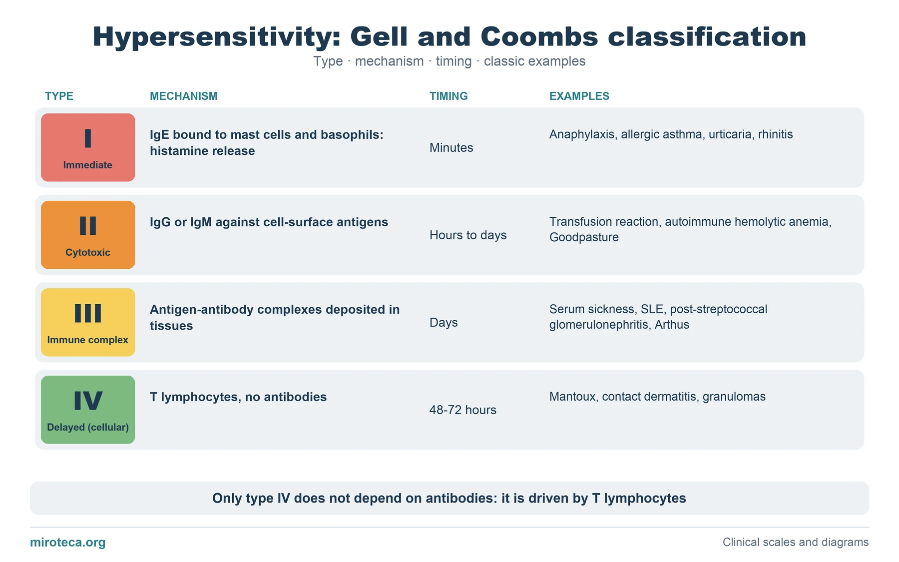 Table of the Gell and Coombs classification with hypersensitivity types I, II, III and IV, their mechanism, time of onset and examples